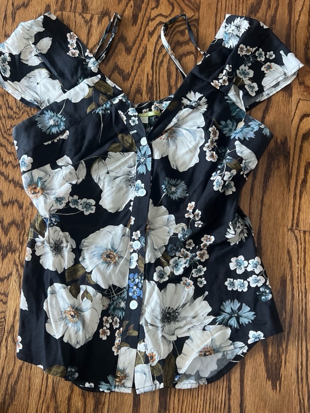 Gianni Bini Black Floral V-Neck Camisole with White and Blue Blooms